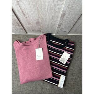 A New Day Womens Striped & Solid Tees 2-Pack Size S Black Pink Stripe & Pink